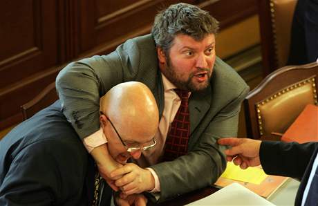 Ministr dopravy Aleš Řebíček (vpravo) laškuje s ministrem zdravotnictví Tomášem Julínkem, 11. listopadu 2008 Ministr dopravy Aleš Řebíček (vpravo) laškuje s ministrem zdravotnictví Tomášem Julínkem, 11. listopadu 2008