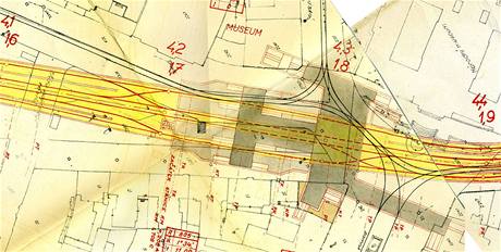 Část centra podle Investiční studie z roku 1964 s trasami podpovrchové tramvaje Část centra podle Investiční studie z roku 1964 s trasami podpovrchové tramvaje
