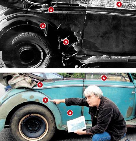 Historik Jaroslav Čvančara ukazuje na mercedesu místa, která nasvědčují, že jde o Heydrichův vůz. Historik Jaroslav Čvančara ukazuje na mercedesu místa, která nasvědčují, že jde o Heydrichův vůz.