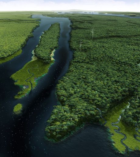 USA, New York. Počítačová vizualizace, jak vypadal Manhattanu před 400 lety - na snímku East River tekoucí směrem k Brooklynu, uprostřed Roosevelt Island USA, New York. Počítačová vizualizace, jak vypadal Manhattanu před 400 lety - na snímku East River tekoucí směrem k Brooklynu, uprostřed Roosevelt Island