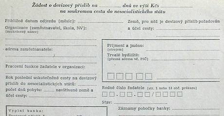 Devizový příslib od banky a výjezdní doložka - za totality jediná možnost, jak vycestovat na Západ. O devizový příslib a doložku bylo nutné žádat i k cestám do Jugoslávie. Devizový příslib od banky a výjezdní doložka - za totality jediná možnost, jak vycestovat na Západ. O devizový příslib a doložku bylo nutné žádat i k cestám do Jugoslávie.
