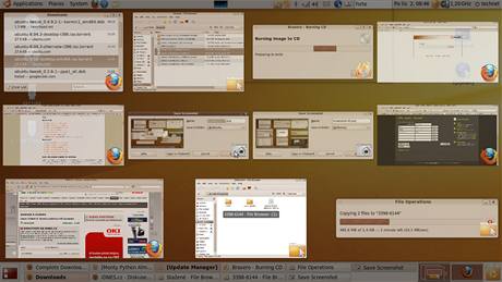 GNOME díky Compizu nabízí ohromné možnosti přizpůsobit si efekty grafického rozhraní vlastnímu vkusu a potřebám. Zde je efekt "Zobrazit okna" GNOME díky Compizu nabízí ohromné možnosti přizpůsobit si efekty grafického rozhraní vlastnímu vkusu a potřebám. Zde je efekt "Zobrazit okna"
