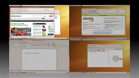 Mnoho uživatelů Linuxu je zvyklých používat více než jednu plochu. Počet virtuálních ploch je téměř libovolný (zde 2 x 2) a přepínat mezi nimi mohou velmi efektivně. Mnoho uživatelů Linuxu je zvyklých používat více než jednu plochu. Počet virtuálních ploch je téměř libovolný (zde 2 x 2) a přepínat mezi nimi mohou velmi efektivně.