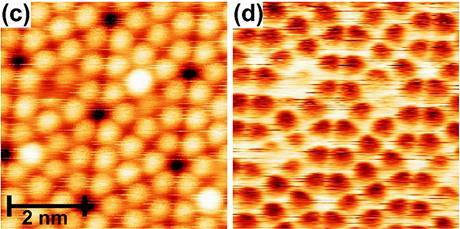 Jednotlivé atomy křemíku na povrchu pevné látky zobrazené pomocí tradičního mikroskopu atomárních sil (vlevo) a nové metody Kelvinova mikroskopu atomárních sil (vpravo). Jednotlivé atomy křemíku na povrchu pevné látky zobrazené pomocí tradičního mikroskopu atomárních sil (vlevo) a nové metody Kelvinova mikroskopu atomárních sil (vpravo).