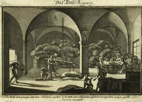 Litvínovská hraběcí manufaktura na výrobu sukna - ilustrace z knihy Jana Josefa Valdštejna vydané v Praze roku 1728 nazvané DesIgnatIo IConographICa OberLeVtensDorfenses PannarIas OffICInas VVLgo FabrICas PenICILLI arbItrIo Representans Litvínovská hraběcí manufaktura na výrobu sukna - ilustrace z knihy Jana Josefa Valdštejna vydané v Praze roku 1728 nazvané DesIgnatIo IConographICa OberLeVtensDorfenses PannarIas OffICInas VVLgo FabrICas PenICILLI arbItrIo Representans