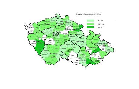Mapka zobrazující procenta pozitivních nálezů z klíšťat laboratorně vyšetřených na danou infekci týmem Dr. Burýškové v letech 2006 až 2009. Mapka zobrazující procenta pozitivních nálezů z klíšťat laboratorně vyšetřených na danou infekci týmem Dr. Burýškové v letech 2006 až 2009.