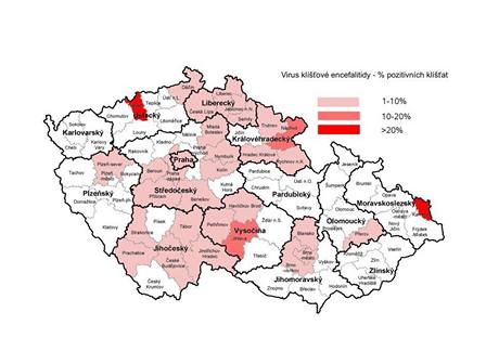 Mapka zobrazující procenta pozitivních nálezů z klíšťat laboratorně vyšetřených na danou infekci týmem Dr. Burýškové v letech 2006 až 2009. Mapka zobrazující procenta pozitivních nálezů z klíšťat laboratorně vyšetřených na danou infekci týmem Dr. Burýškové v letech 2006 až 2009.