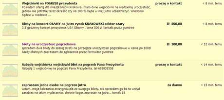 Nabídky vstupenek na Stary rynek v Krakově během mše v Mariánském kostele na werveru Gumtree (17. dubna 2010) Nabídky vstupenek na Stary rynek v Krakově během mše v Mariánském kostele na werveru Gumtree (17. dubna 2010)