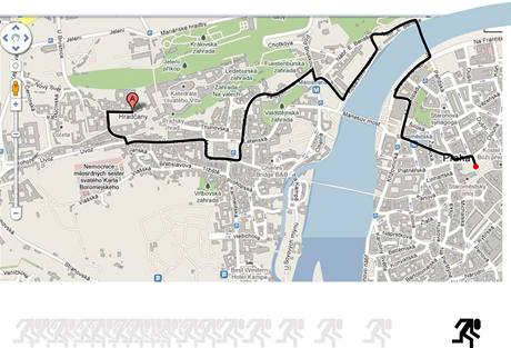 Trasa sobotního charitativního Běhu pro gorily. Start je na Hradčanském náměstí, cíl na Staroměstském náměstí. Trasa sobotního charitativního Běhu pro gorily. Start je na Hradčanském náměstí, cíl na Staroměstském náměstí.