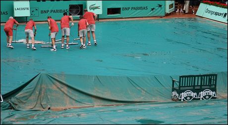 Roland Garros - Po dešti je nejprve nutné odehnat vodu z ochranných fólií. Teprve potom je možné kurt odkrýt. Roland Garros - Po dešti je nejprve nutné odehnat vodu z ochranných fólií. Teprve potom je možné kurt odkrýt.