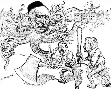 Na karikatuře z roku 1900 je průmyslník John D. Rockefeller vyobrazen jako chobotnice a americký prezident Theodore Roosevelt jako muž se sekerou. Na karikatuře z roku 1900 je průmyslník John D. Rockefeller vyobrazen jako chobotnice a americký prezident Theodore Roosevelt jako muž se sekerou.