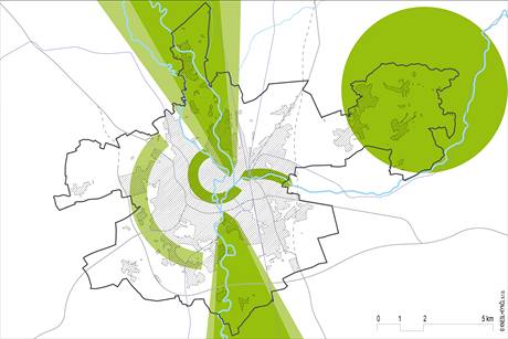 Schéma rekreačních zón v Olomouci. Tmavě zelené jsou existující zóny, světle zelené plochy ukazují plánované rozšíření. Schéma rekreačních zón v Olomouci. Tmavě zelené jsou existující zóny, světle zelené plochy ukazují plánované rozšíření.