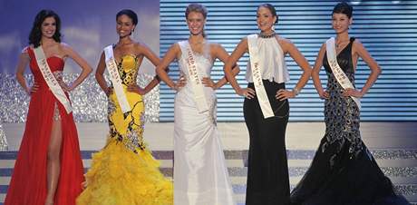Pět nejlepších finalistek Miss World - Miss Venezuela, Miss Botswana, Miss Amerika, Miss Irsko a Miss Čína Pět nejlepších finalistek Miss World - Miss Venezuela, Miss Botswana, Miss Amerika, Miss Irsko a Miss Čína