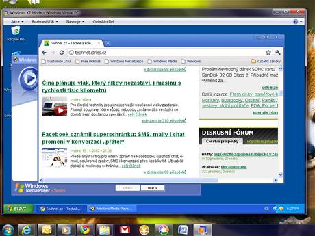 XP Mode - virtuální počítač s Windows XP běží v samostatném okně. Tímto způsobem lze spouštět i programy, které z nějakého důvodu pod Windows 7 nefungují, případně k oddělenému testování XP Mode - virtuální počítač s Windows XP běží v samostatném okně. Tímto způsobem lze spouštět i programy, které z nějakého důvodu pod Windows 7 nefungují, případně k oddělenému testování
