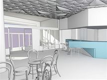 Vizualizace kavárny, která má vzniknout v prostoru předsálí kina Metropol. Autorem návrhu je olomoucký architekt Petr Jakšík. Vizualizace kavárny, která má vzniknout v prostoru předsálí kina Metropol. Autorem návrhu je olomoucký architekt Petr Jakšík.
