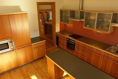 Kuchyňská linka byla vyrobena na zakázku. Dvířka jsou pečlivě dýhována severským modřínem tak, aby kresba jednotlivých dvířek navzájem plynule navazovala. Kuchyňská linka byla vyrobena na zakázku. Dvířka jsou pečlivě dýhována severským modřínem tak, aby kresba jednotlivých dvířek navzájem plynule navazovala.