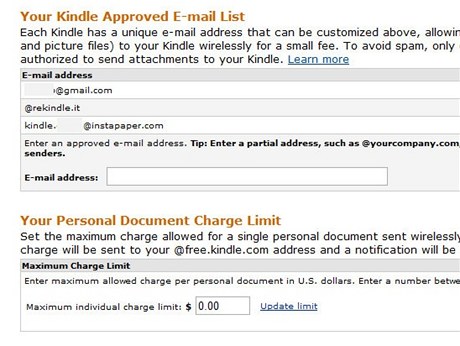 Doplňte si adresy, ze kterých vám mohou na Kindle chodit dokumenty ke konverzi a nahrání do čtečky. Nastavíte-li si nulový limit, budou vám dokumenty doručovány jen zdarma. Doplňte si adresy, ze kterých vám mohou na Kindle chodit dokumenty ke konverzi a nahrání do čtečky. Nastavíte-li si nulový limit, budou vám dokumenty doručovány jen zdarma.