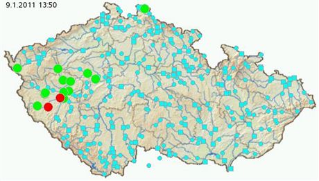 Červeně vyznačená na mapě jsou místa, kde platí 3. povodňový stupeň. Zeleně pak kde je vyhlášena povodňová bdělost. Červeně vyznačená na mapě jsou místa, kde platí 3. povodňový stupeň. Zeleně pak kde je vyhlášena povodňová bdělost.