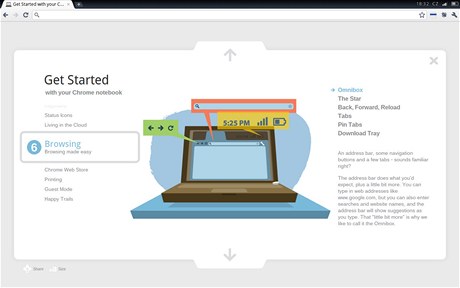 Snímek obrazovky - úvodní průvodce systémem Chrome OS je povedený, líbivý a dobře využívá možnosti prohlížeče Snímek obrazovky - úvodní průvodce systémem Chrome OS je povedený, líbivý a dobře využívá možnosti prohlížeče
