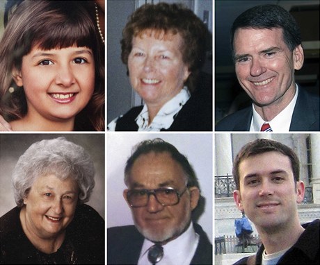 Obětí arizonského střelce (nahoře zleva) Christina Taylorová Greenová (9), Dorothy Morrisová (76), soudce John Roll (63), (dolní řada zleva) Phyllis Schnecková (79), Dorwin Stoddard (76) a Gabe Zimmerman (30) Obětí arizonského střelce (nahoře zleva) Christina Taylorová Greenová (9), Dorothy Morrisová (76), soudce John Roll (63), (dolní řada zleva) Phyllis Schnecková (79), Dorwin Stoddard (76) a Gabe Zimmerman (30)
