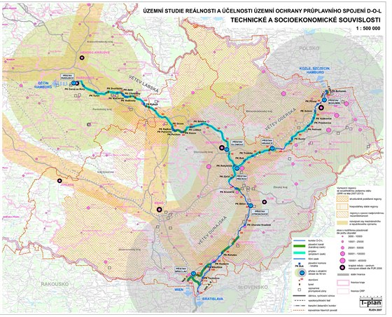 Kanál Dunaj - Odra - Labe. Mapa, kudy by měl kanál vést).