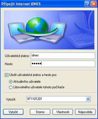 Takto by mělo vypadat okénko Telefonického připojení sítě
