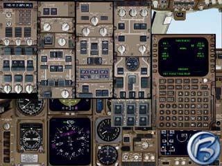 Kokpit Boeingu 767 ze simulátoru na PC - výhled zakrývají okna s ostatními přístroji