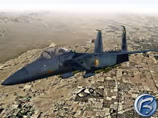 F-15 Eagle nad do detailů zpracovanou krajinou