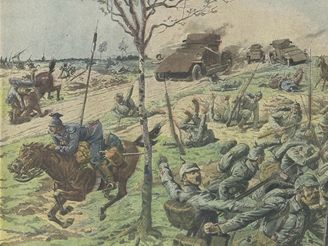 Rakousko-uherské jednotky vzdorují na dobové kresbě belgickým obrněncům.