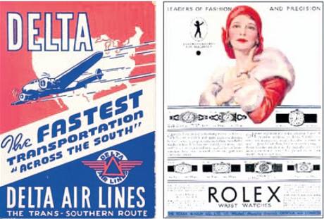 Reklama na aerolinky Delta a hodinky Rolex