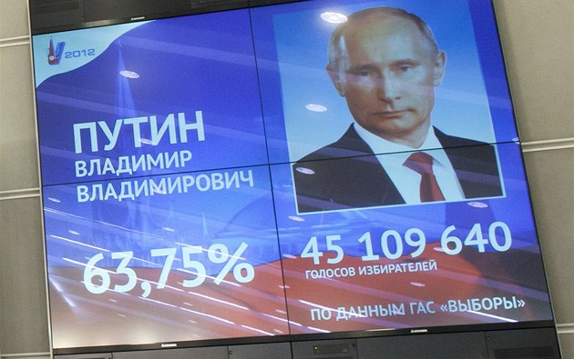 Informační tabule ústřední volební komise v Rusku: Vladimir Putin získal 45