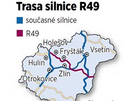 Trasa plánované silnice R49 přes Zlínský kraj